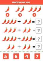 Addition for kids with red chili peppers. Math equations. vector