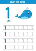 Worksheet for learning numbers with cartoon sea whale. Number One. vector