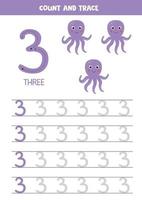 Tracing the number 3. Cartoon purple octopuses. vector