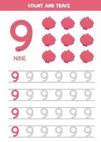 Worksheet for learning numbers with cartoon seashells. Number nine. vector