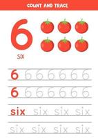 Worksheet for learning numbers and letters with cartoon tomatoes. Number six. vector