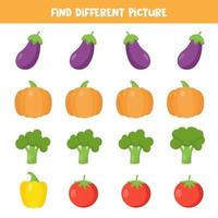 Find different vegetable in each row.  Educational worksheet for kids. vector