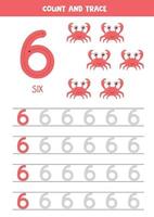 Worksheet for learning numbers with cartoon crabs. Number six. vector