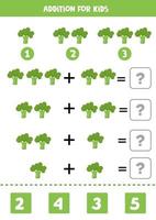 Addition for kids with cartoon green broccoli. Educational math game. vector