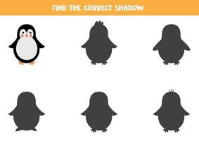encuentra la sombra correcta del pingüino de dibujos animados. juego de lógica para niños. vector