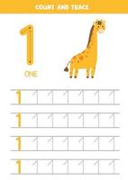Worksheet for learning numbers with cute giraffe. Number 1. vector