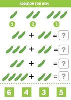 Addition with cucumber. Solve the equation. Math game for children. vector