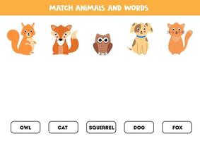 Combina lindos animales y palabras. juego de lectura para niños en edad preescolar. vector