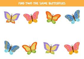 hoja de trabajo para niños. Encuentra dos mariposas idénticas. vector