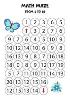 Mathematical maze for kids. Cartoon vector butterfly and flower.