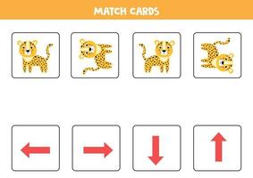 Spatial orientation for kids. Cute cartoon leopard in different orientation. vector