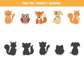 encuentra la sombra correcta de los animales. juego de correspondencias para niños. vector