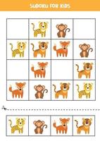 Sudoku with leopard, tiger, monkey, fox. Puzzle for kids. vector