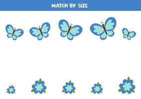 Haga coincidir las mariposas y las flores por tamaño. juego para niños. vector