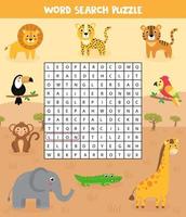 Words search puzzle for children. Set of safari animals.