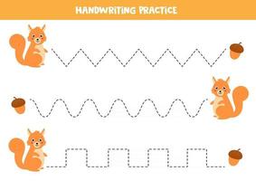 Trace the lines with cute cartoon squirrel. Game for kids. vector