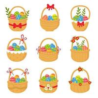 Collection of cute straw baskets full of Easter eggs.
