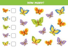 juego imprimible para niños. cuente la cantidad de mariposas de colores. vector
