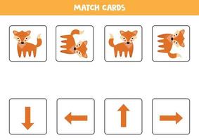 Spatial orientation for kids. Cute cartoon fox in different orientation. vector