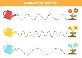 Tracing lines with watering can and flowers. Handwriting practice. vector