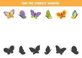 encuentra la sombra correcta de las mariposas de dibujos animados. vector