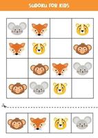 Sudoku with cute and happy animal faces. vector