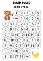 Mathematical maze for kids. Count from 1 to 16. Cute monkey goes to bananas. vector