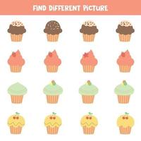 Find different picture. Cute tasty muffins. vector