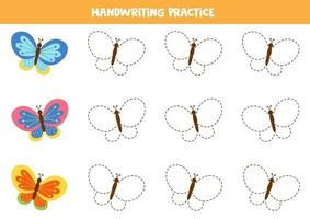 Trace cute butterflies in each row. Educational worksheet for preschoolers. vector