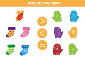 More, less or equal with cute cartoon socks and mittens. vector