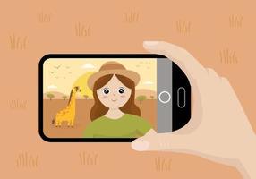 Taking selfie with cute girl and giraffe. Trip to safari. vector