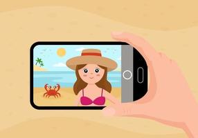 Taking selfie with cute girl and crab. Summer and beach. vector