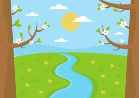 Beautiful landscape. Forest in spring. Trees, river and flowers. vector