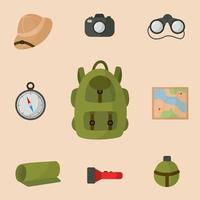 Collection of equipment for safari trip. Tourist backpack. vector