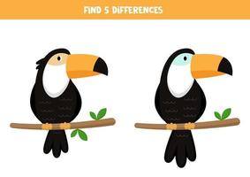 Find 5 differences. Cute cartoon toucans. vector