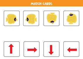 Matching game for kids. Match orientation and cute cartoon yellow fish. vector