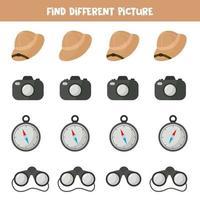 Find object which is different from others. Safari trip equipment. vector