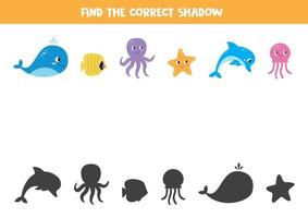 sombra de animales marinos. emparejar imágenes. juego educativo para niños.