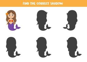 encuentra la sombra correcta de sirena. juego de lógica para niños. vector