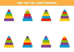 Find two identical toy pyramids. Logical educational worksheet for kids. vector