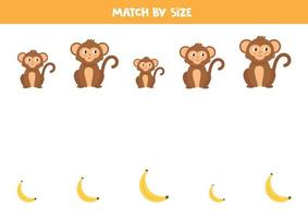a juego por tamaño. lindos monos y plátanos. vector
