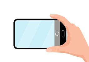 Taking photo on cellphone. White background. hand holding mobile. vector