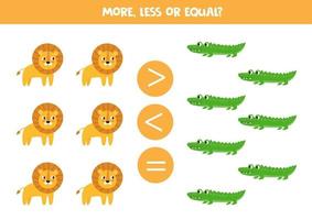 More, less or equal with African animals. Cute cartoon crocodiles and lions. vector