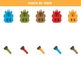 Color sorting game for kids. Match backpack and flashlight. vector