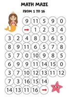 Mathematical maze for kids. Count from 1 to 16. Cute mermaid swims to starfish. vector