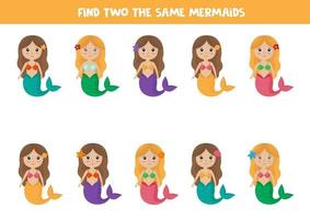 Find two identical mermaids. Educational game for kids. vector