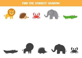 Find the right shadow of animals. Cute cartoon animals set. vector