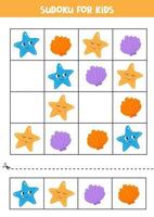 juego de sudoku para niños en edad preescolar. concha y estrella de mar. vector