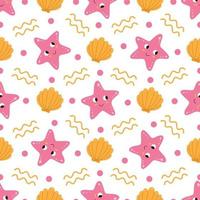 Cute seamless pattern with starfish and seashells. vector