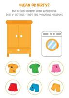 Sorting game for kids. Clean or dirty clothes. vector